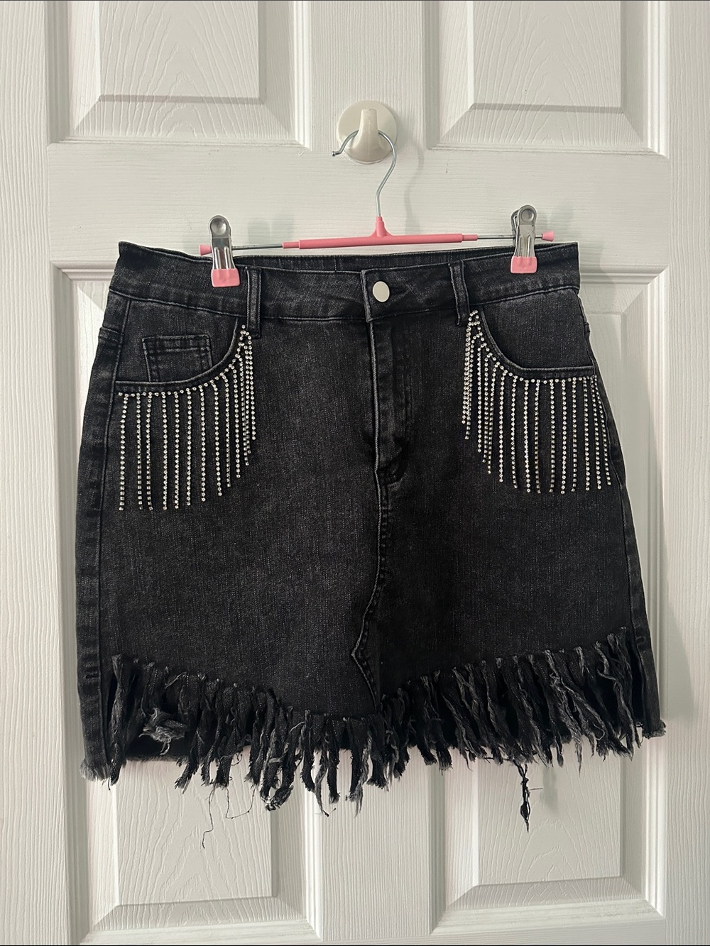 Black Denim Fringe Mini Skirt with Rhinestone Fringe Accents